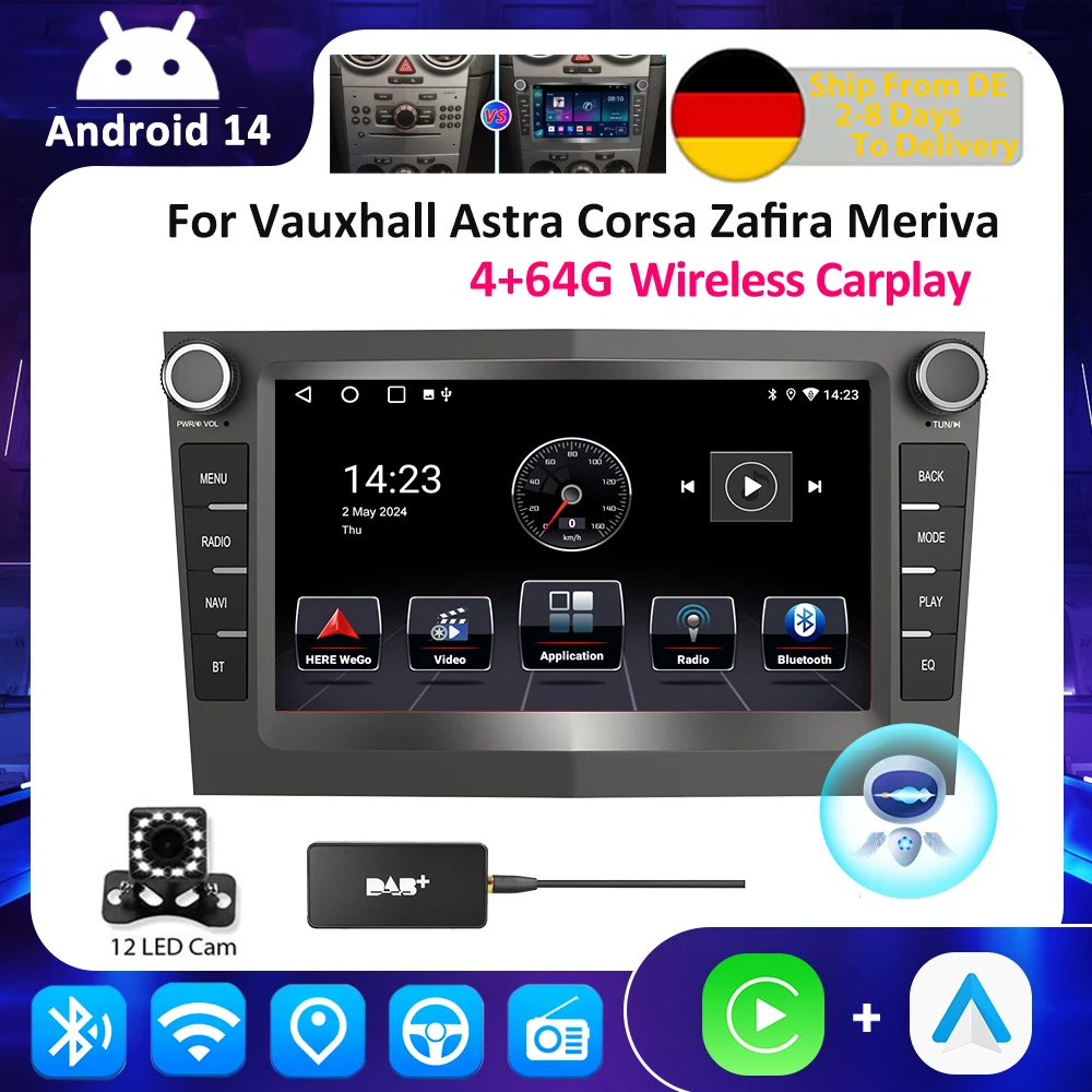 ESSGOO Android 14 4+64G Radio inalámbrica para automóvil CarPlay ﻿ Para Opel Astra Vectra Vauxhall Antara Zafira Corsa C D Vivaro Meriva 1
