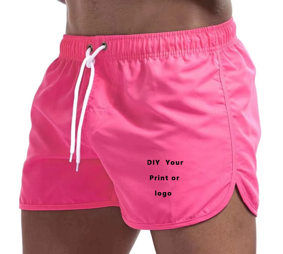 Custom Logo Men's Swim Trunks Beach Shorts Drawstring with Mesh Lining Elastic Waist Plain Breathable Soft Casual Shorts 5