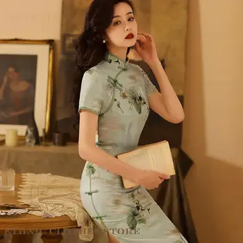 Stampa Fiore Lady Qipao Cheongsam Elegante Bottone vintage Abito cinese Abbigliamento tradizionale orientale Abiti Abito estivo in raso 1