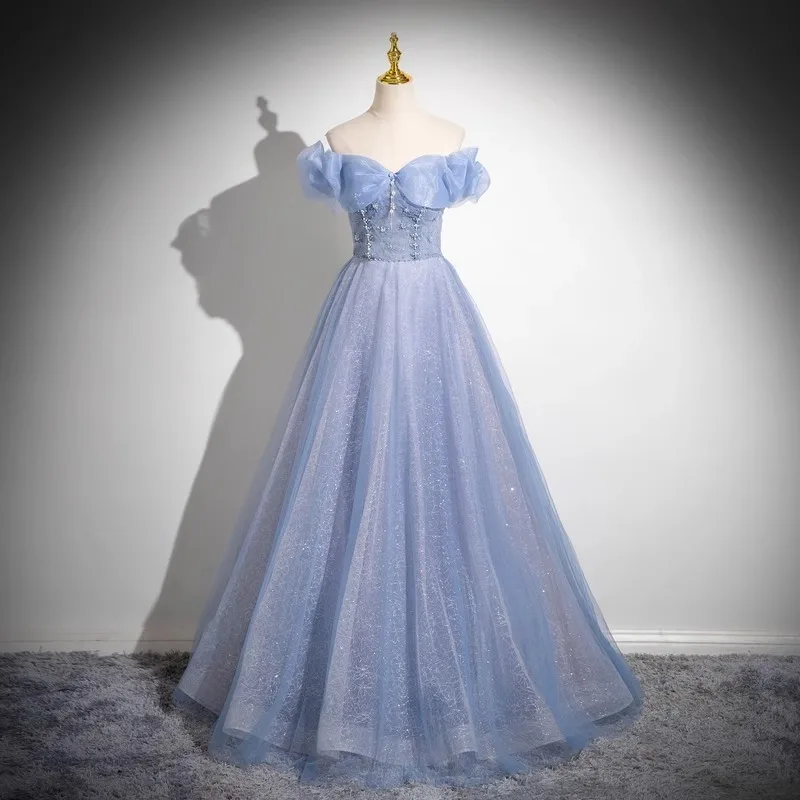 Женское фатиновое платье с открытыми плечами, голубое платье с блестками, бальное платье для выпускного вечера, 15 лет, 2024
