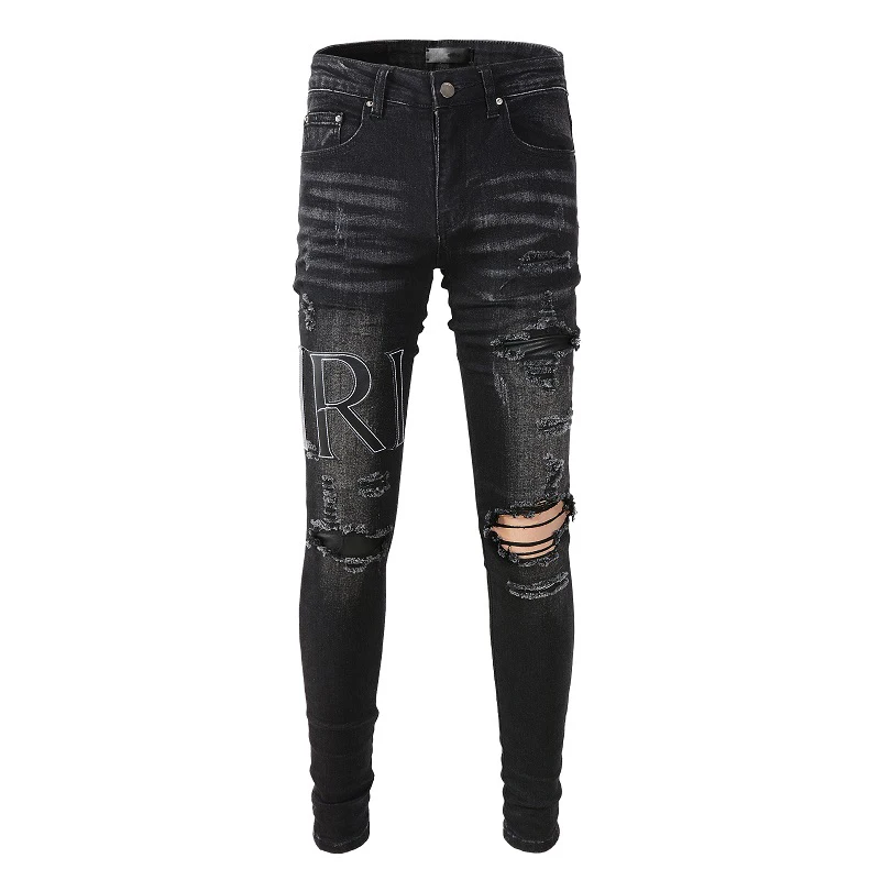 

Black Distressed Moustache Slim Fit Damage Holes Leather Letters Patch Embroidered Streetwear High Stretch Skinny Ripped Jeans