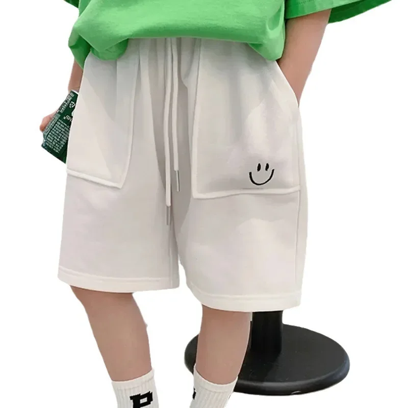 New Hot Sale Of The Season Boys Embroidered Loose Fit Five-Quarter Pants Casual Comfortable Spring Summer Children's Smiling Fac
