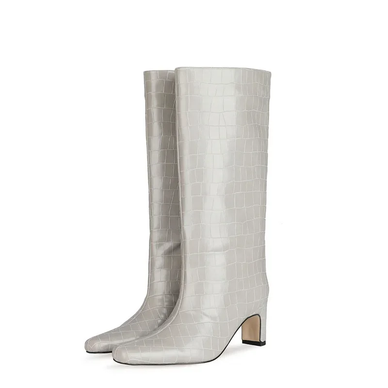 2024 NEW Fashion High Tube Knee High Boots 10cm/6.5cm Thick Heel 21 Colors Women Short Plush Boots Size 45 Winter Leather Shoes