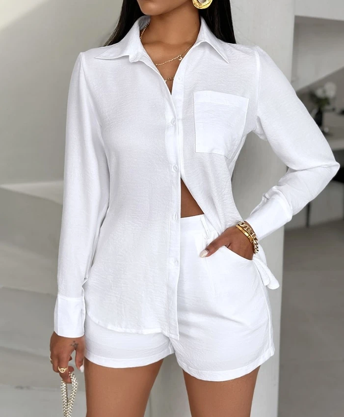 Women's 2 Piece Sets 2024 Early Spring Pocket Design Button Long Sleeves Turn Down Collar Top & Elegant Casual Shorts Set zaful front pocket button down loose matching shirt and shorts set s white