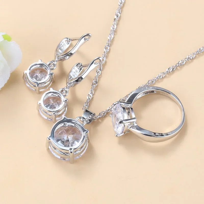 Wholesale Price 925 Silver Round Classic Wedding Ring Bridal Jewelry Sets Zircon Necklace And Earrings Bridal Costume Women Gift 2