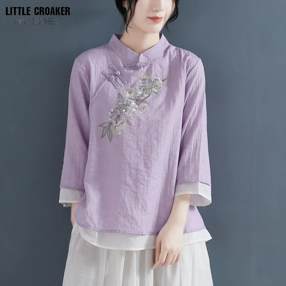 Autumn Double Layers Ladies Cotton Linen Shirt Blouse Chinese Traditional Women's Formal Tang Costume Pink Green White Hanfu Top