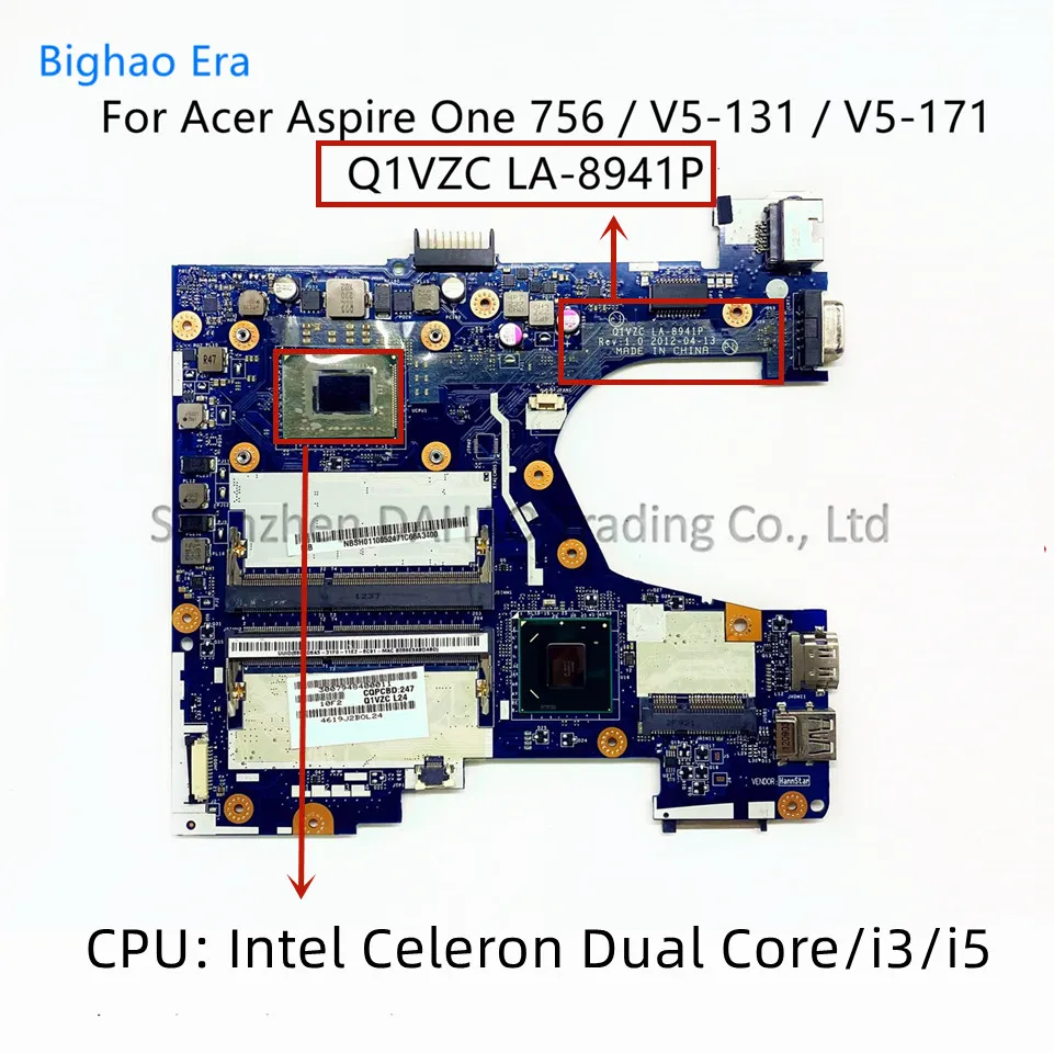 

Q1VZC LA-8941P LA-8943P For ACER Aspire One 756 V5-131 V5-171 Laptop Motherboard With Intel i3 i5 CPU DDR3 NB.M3A11.00L 100% New