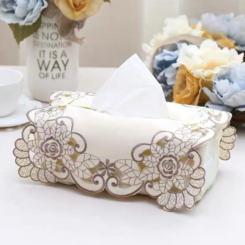 Countryside Style Textile Art Tissue Box Embroidery Hollowing Out Tissue Case Car Living Room Napkin Holder Table Decoration 4