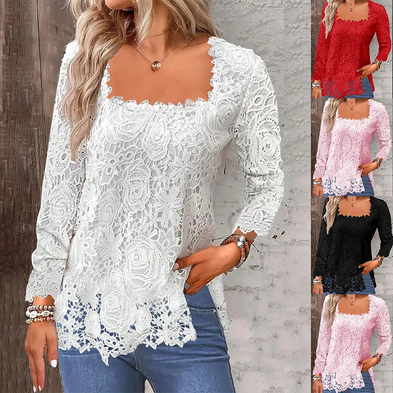 Women Lace Long Sleeve Loose Tshirts Summer Tops