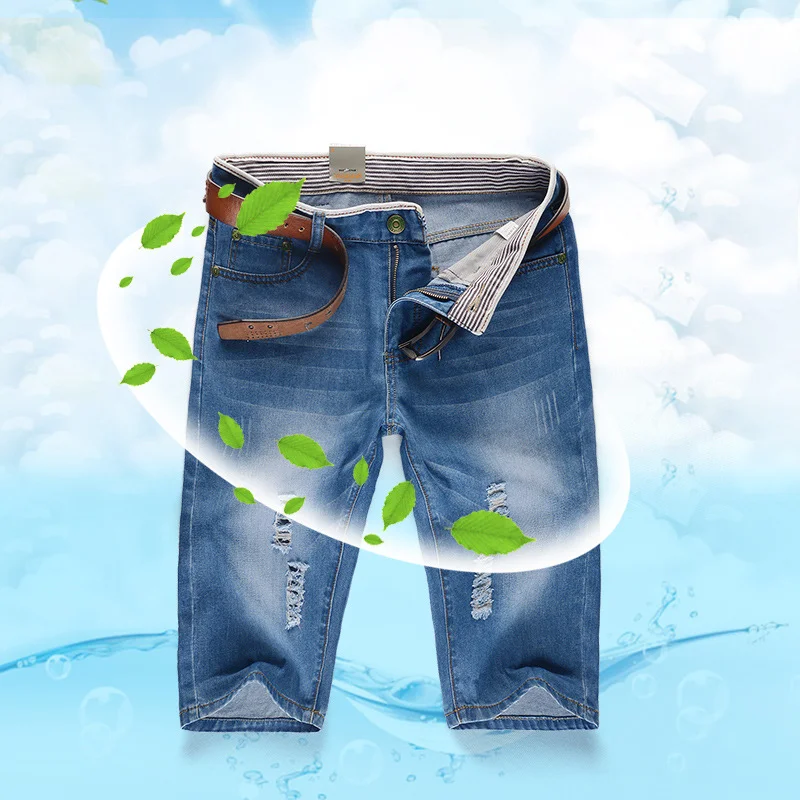 Fashion New Summer Men's Personalized Washable Perforated Denim Pants Large Casual Middle Pants Plus Size28-40