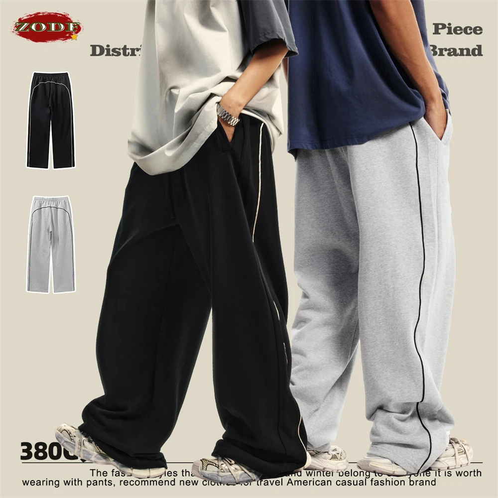 

ZODF Fashion 2024 Unisex 380gsm 100% Cotton Pants Men Women Loose Oversized Straight Loose Trousers Brand Clothes HY0816