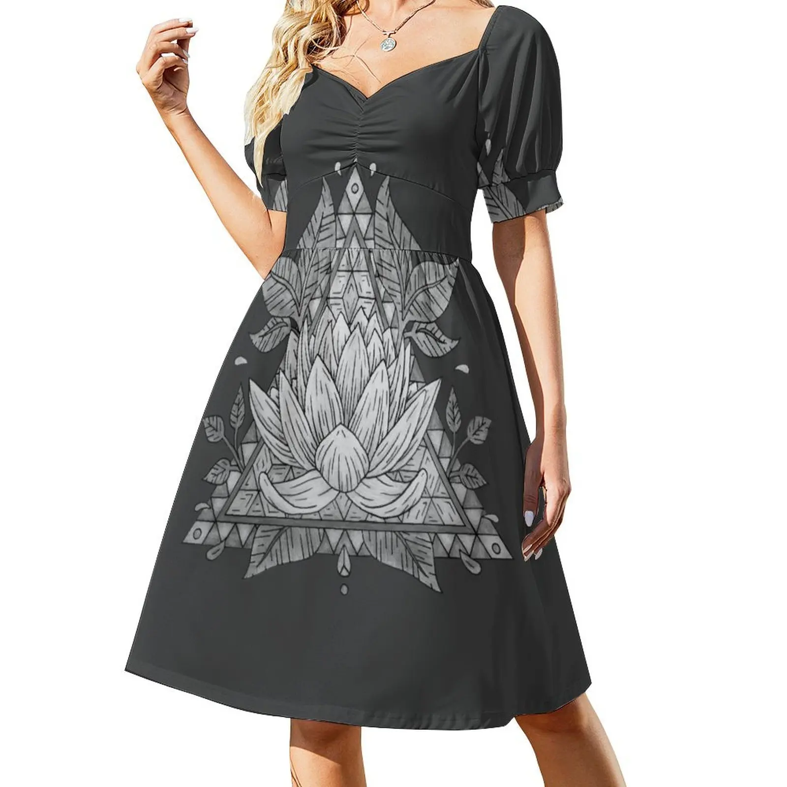 thumbnail image 1 of Vestido de manga corta con diseño geométrico de flor de loto gris vestidos para mujer Vestido femenino Vestido, 1 of 7