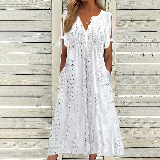 Women's Boho Style Long Dresses Casual Pleated Solid Lace Hollow Button Casual Dress Lace Up Bow Short Sleeve Sundress платье 1