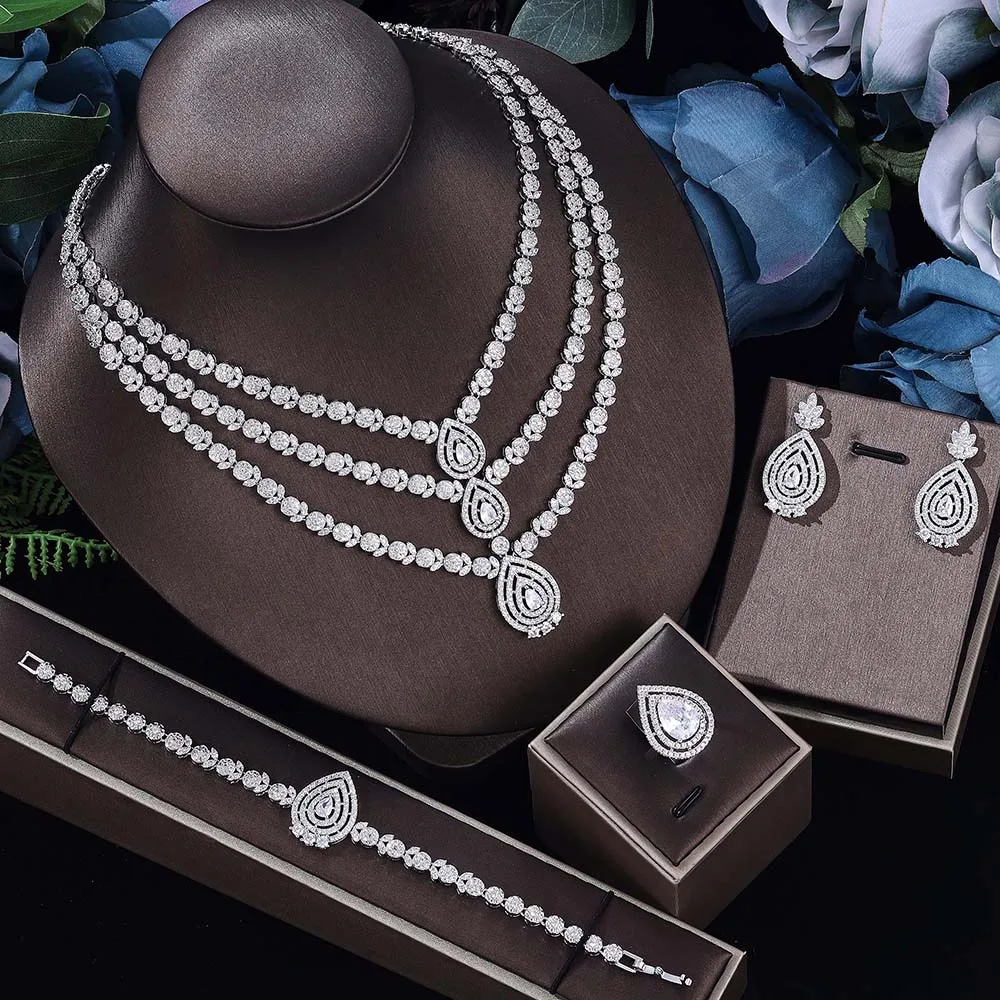 

New 4 Piece Qatar Luxury Ladies Wedding Set CZ Elegant Bridal Dubai Jewellery Set Fashion Ladies Wedding Necklace Earring Set