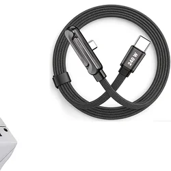 High - Speed 240W USB - C Charger Cable - 150cm Braided Fast Charging Cord with Stand & Angled Connector (Black)