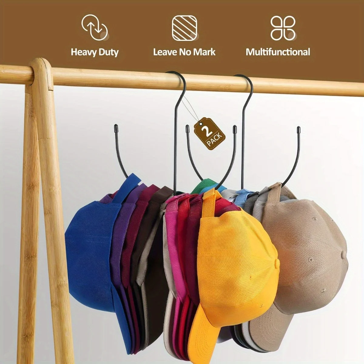 2-Pack Hanging Hat Organizer Rack Stainless Steel Cap Holder for Closet Multi-Function Hat Hangers for Baseball Caps Storage