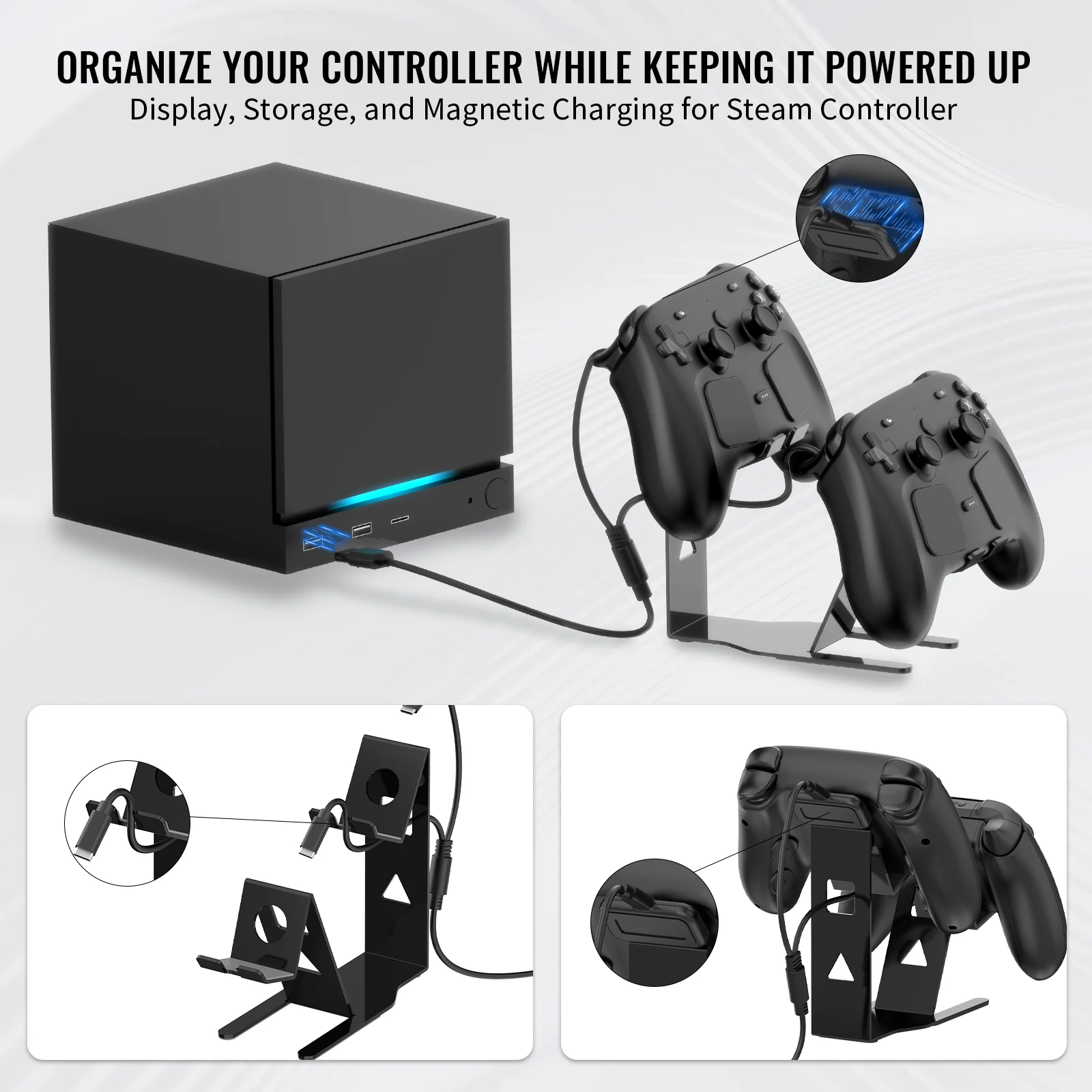 스팀 컨트롤러 2, PS5/4, Xbox, 스위치용 메탈 데스크탑 스탠드, 마그네틱 충전 케이블 세트 포함 게임패드 2개 거치 가능