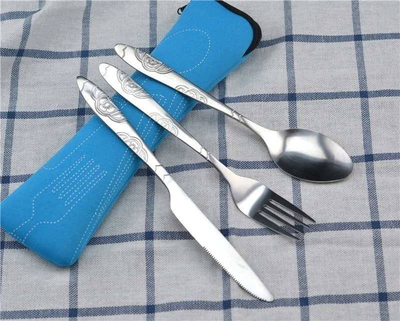 Description Picture 6 of item3pcs Set Dinnerware Portable Printed Stainless Steel Spoon Fork Steak Knife Set Travel Cutlery Tableware with Bag