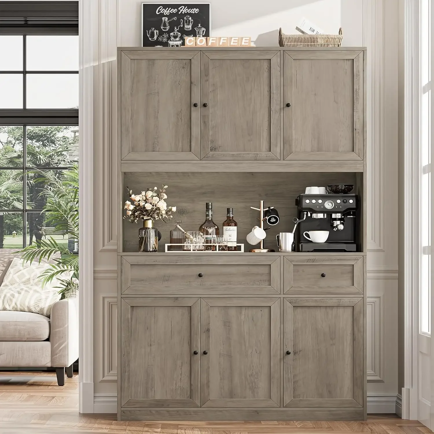 NEW-72" Kitchen Pantry Cabinet, Kitchen Hutch with Microwave Stand, Buffet Cabinet with Hutch for Dining Room, Ash Gray
