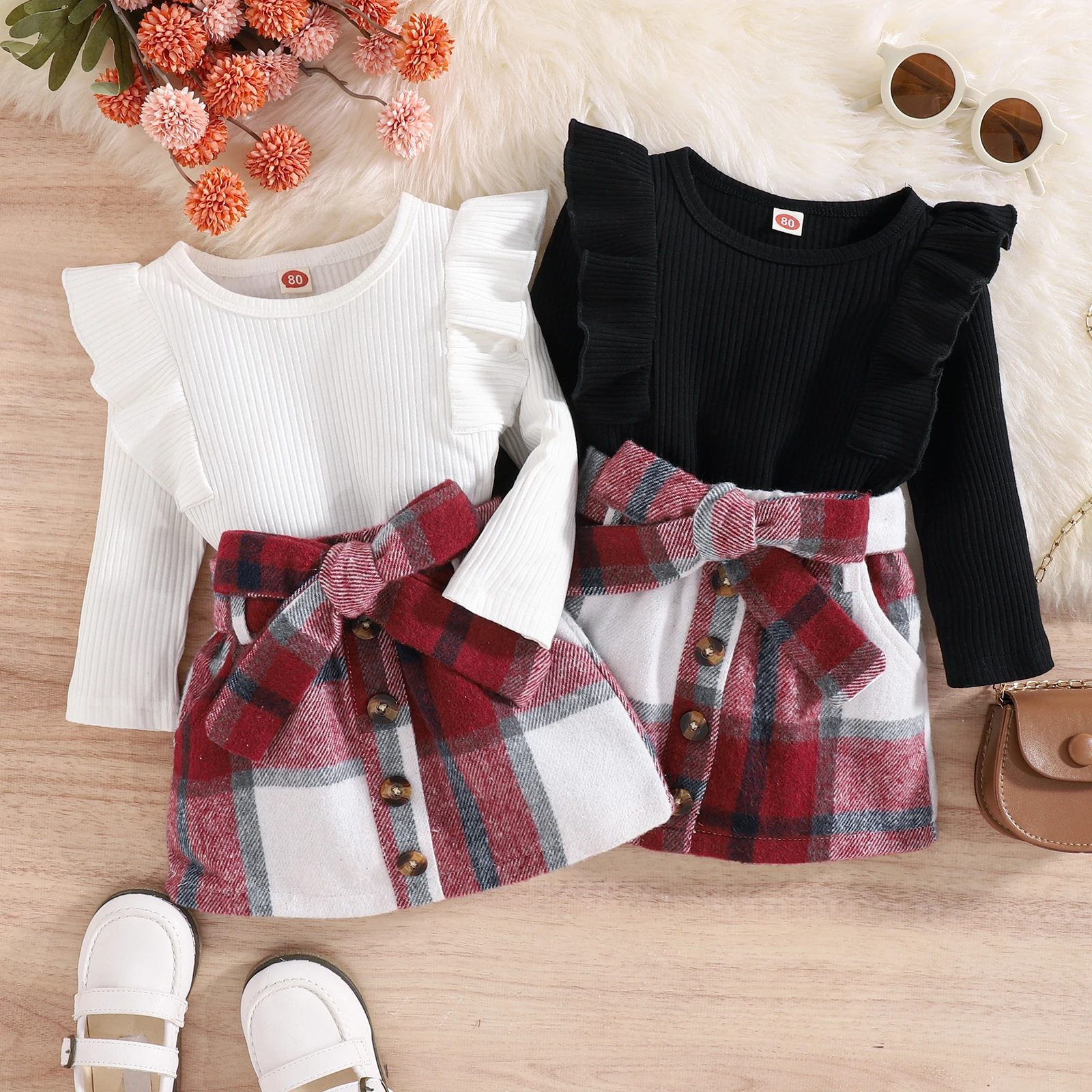 Citgeett Autumn Kids Toddler Girls Outfit Sets Solid Color Long Sleeve Ribbed Tops + Plaid Skirt Belt Spring Clothes