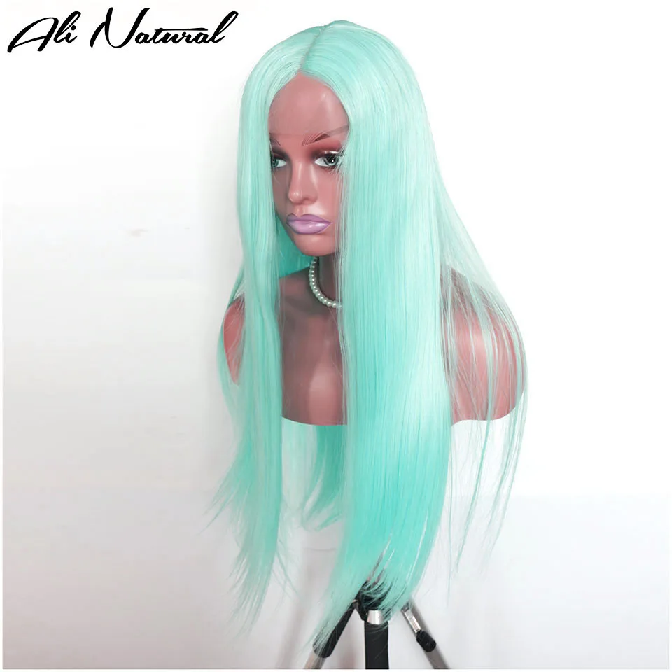 Light Green Color Synthetic Lace Wig 24inches Straight T Middle Part Lace Wig Heat Resistant Party Daily