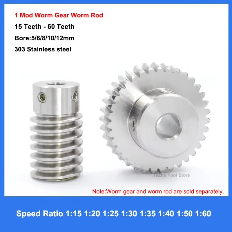 1 Mod Worm Gear Worm Rod 303 Stainless Steel 15/20/25/30/35/40/50/60 Teeth Speed Ratio 1:15 1:20 1:25 1:30 1:35 1:40 1:50 1:60 transmission gear