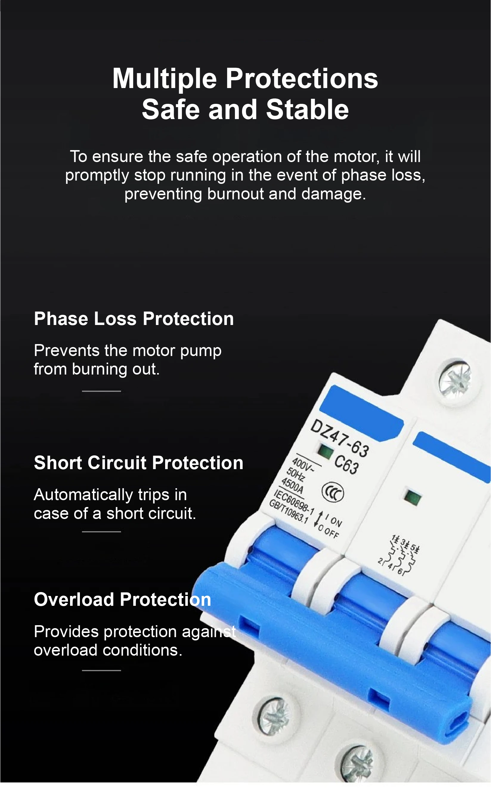DZ47S-63 Three Phase Motor Protection Breaker Phase Loss Protection Switch 3P AC
