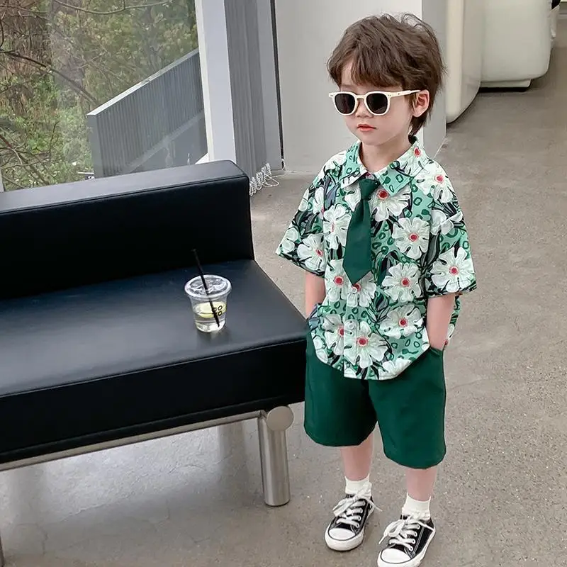 Kids Clothing Set 2-9 Yrs Boys Summer Flower Shirt Shorts Tie