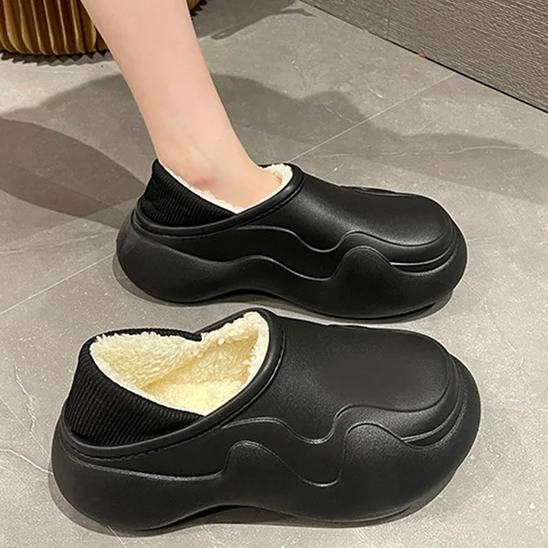 

Winter Women's Cotton Shoes Comfort Prevent Slip Keep Warm At Home Plush Slippers Outdoor Waterproof Thick Soled Couple Shoes