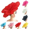 Exaggerated Large Flower Turban Cap Women Tea Party Wedding Flower Cocktail Mesh Feathers Hair Clip Church Ladies Accesorios 2