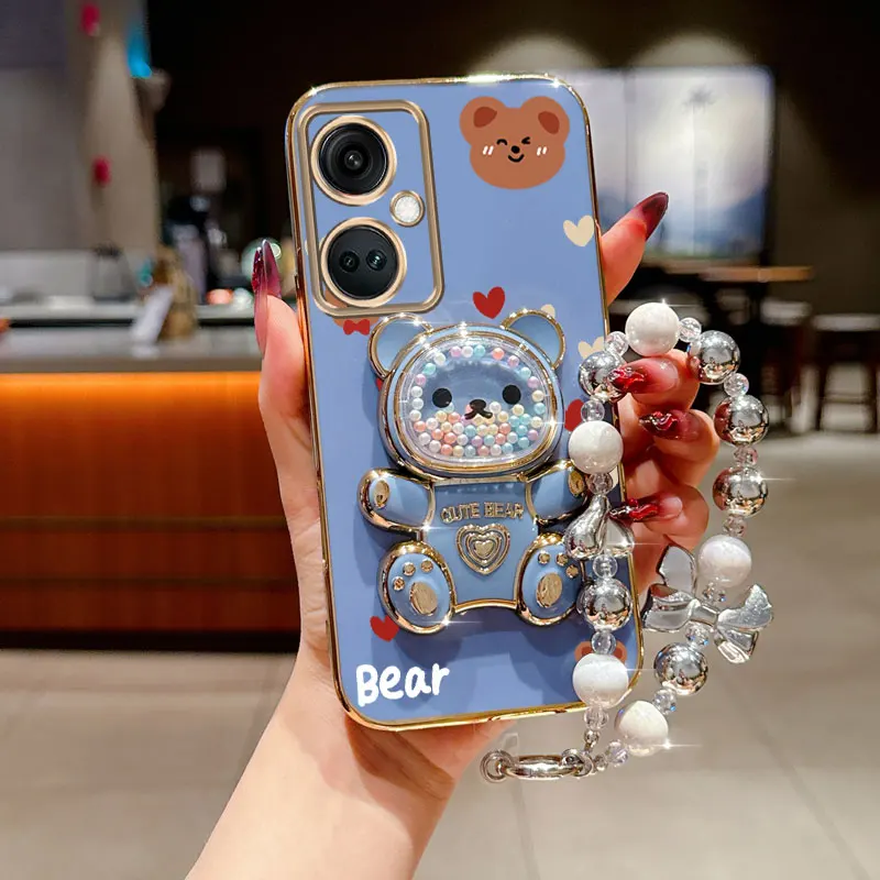 Pearl Strap Love Bear Phone Holder Case with Anti-Knock Stand Cover