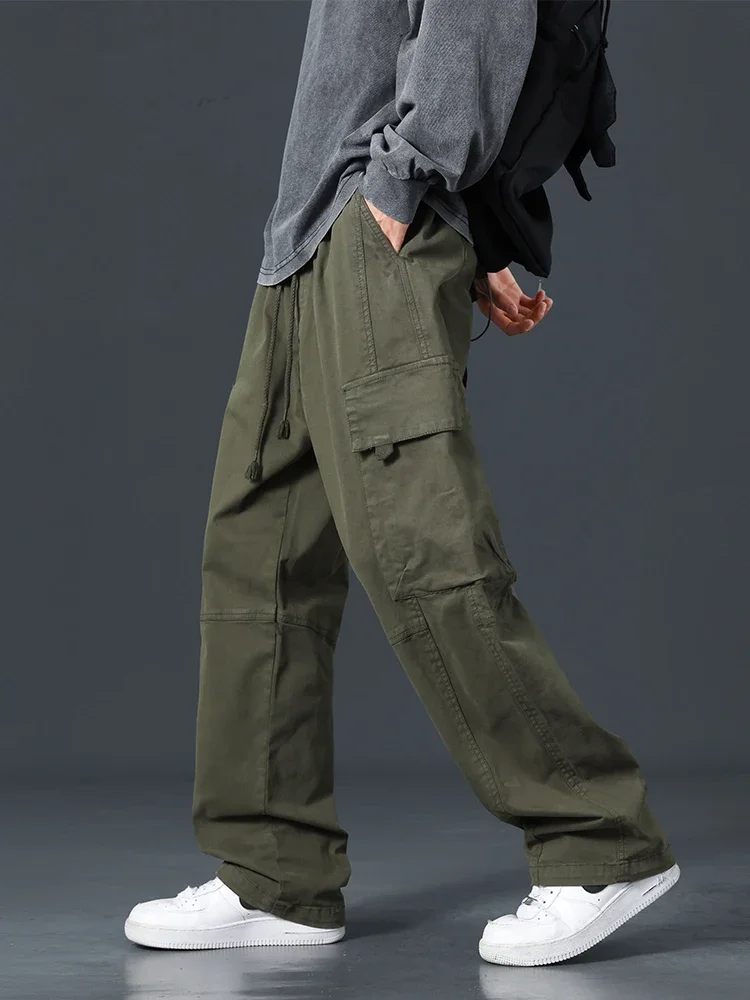 

Spring Summer Baggy Cargo Pants Men Multi-Pockets Drawstring Straight Long Casual Pants Male Cotton Loose Trousers Plus Size 8XL