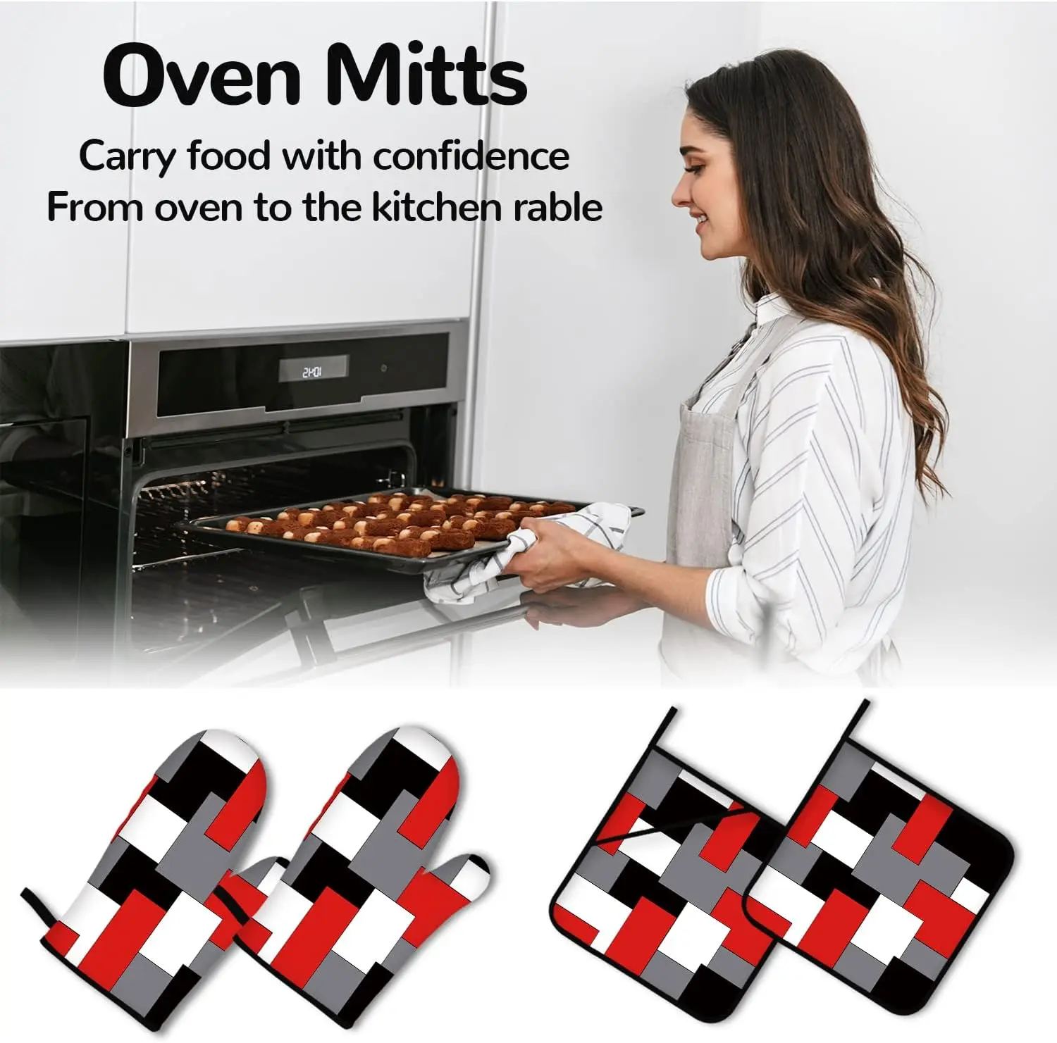 Red Black Grey White Oven Mitts and Pot Holders Sets of 4 Geometric Heat Resistant Gloves for Kitchen Baking Cooking Grilling