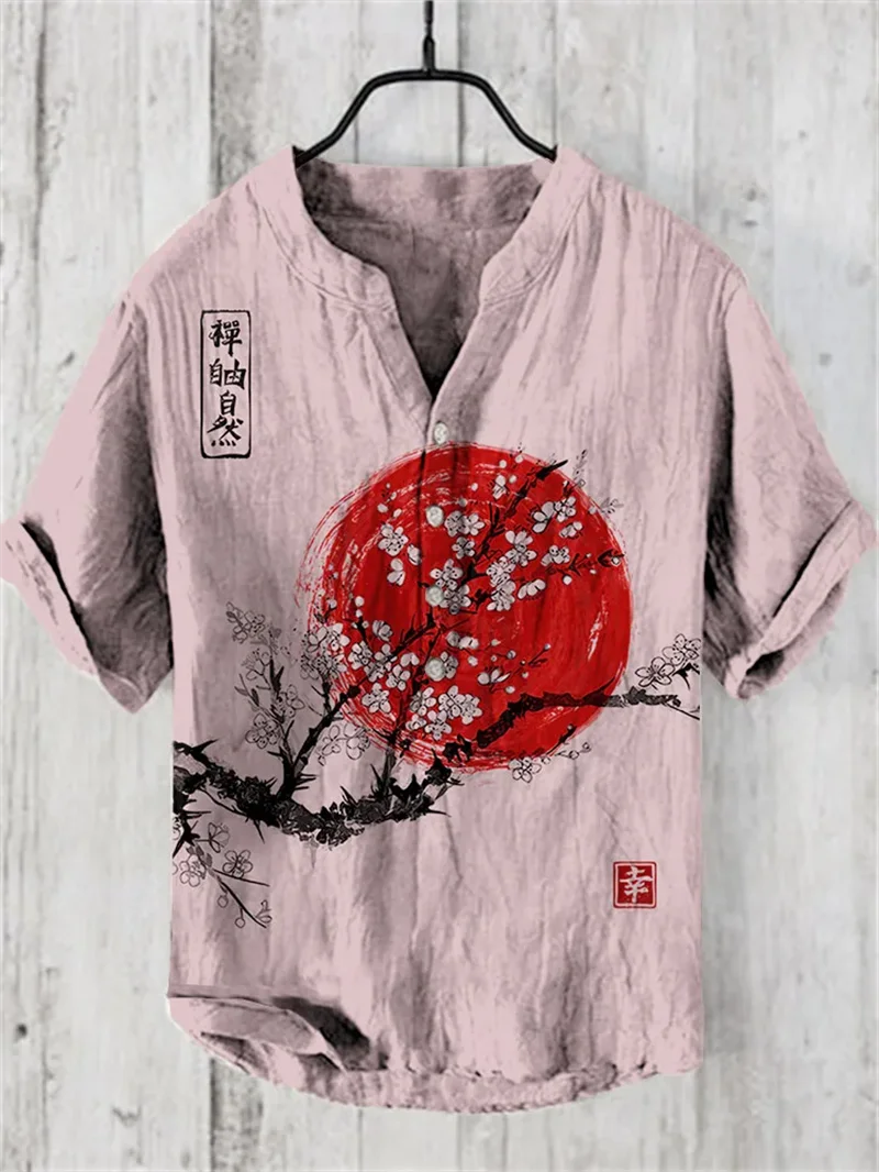 Simple Plum Blossom 3D Printing Art Linen Blended Men's Casual V-neck Shirt