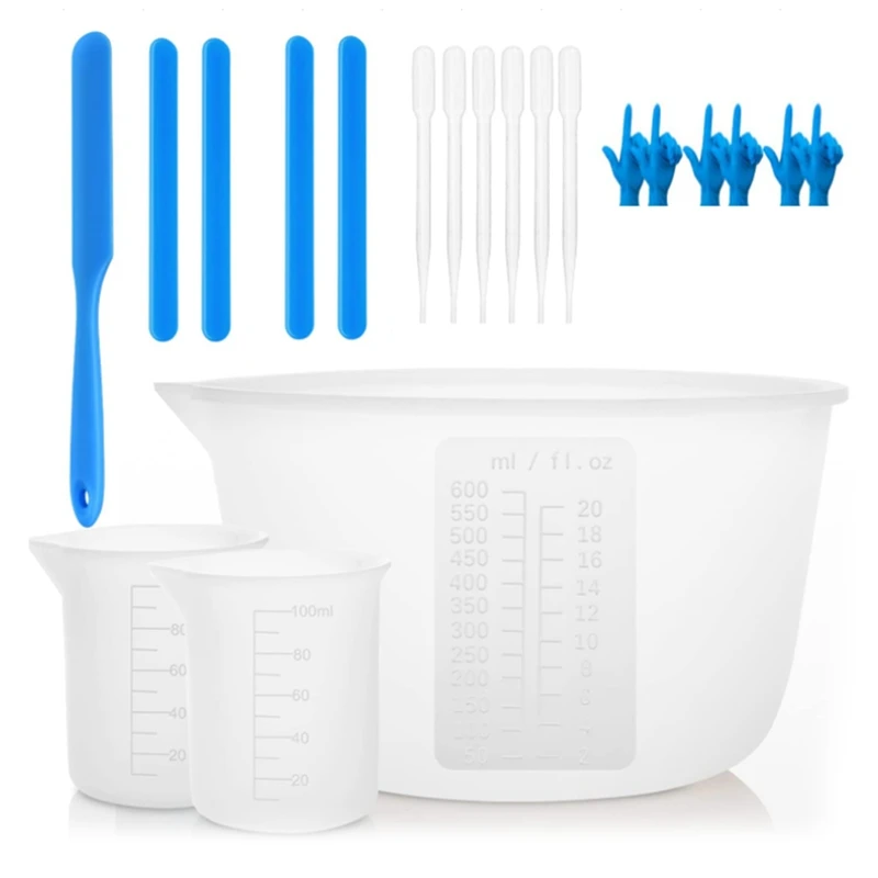 Silicone Measuring Cup Set For Epoxy Resin,600 & 100 Ml Mixing Cup, Silicone Spatula,Gloves Of Epoxy Resin,Easy To Clean resin measuring cups tool kit silicone bowls for epoxy resin reusable silicone mixing cup with stir sticks