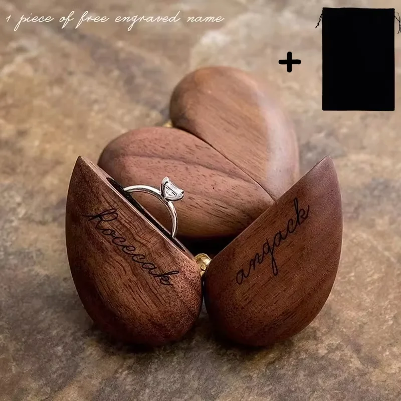 Heart Flip Ring Box, Wedding Engagement Ring Box Walnut Wood Engagement Ring Holder Personalized Gift Anniversary Gifts Couples