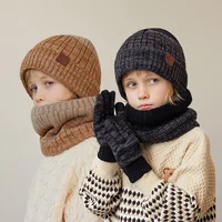 Winter Children Hat Scarf Gloves Set Knitted Beanie Thicken Velvet Lining Hats for Boys Girls Neck Warmer Scarves Mitten 4-10Y 2