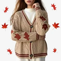Autumn Leaves Cardigan Women Fall Winter Red Embroidered Knitted Sweater Female Maple Leaf Oversized Cardigan Y2k Folklore Girl 1