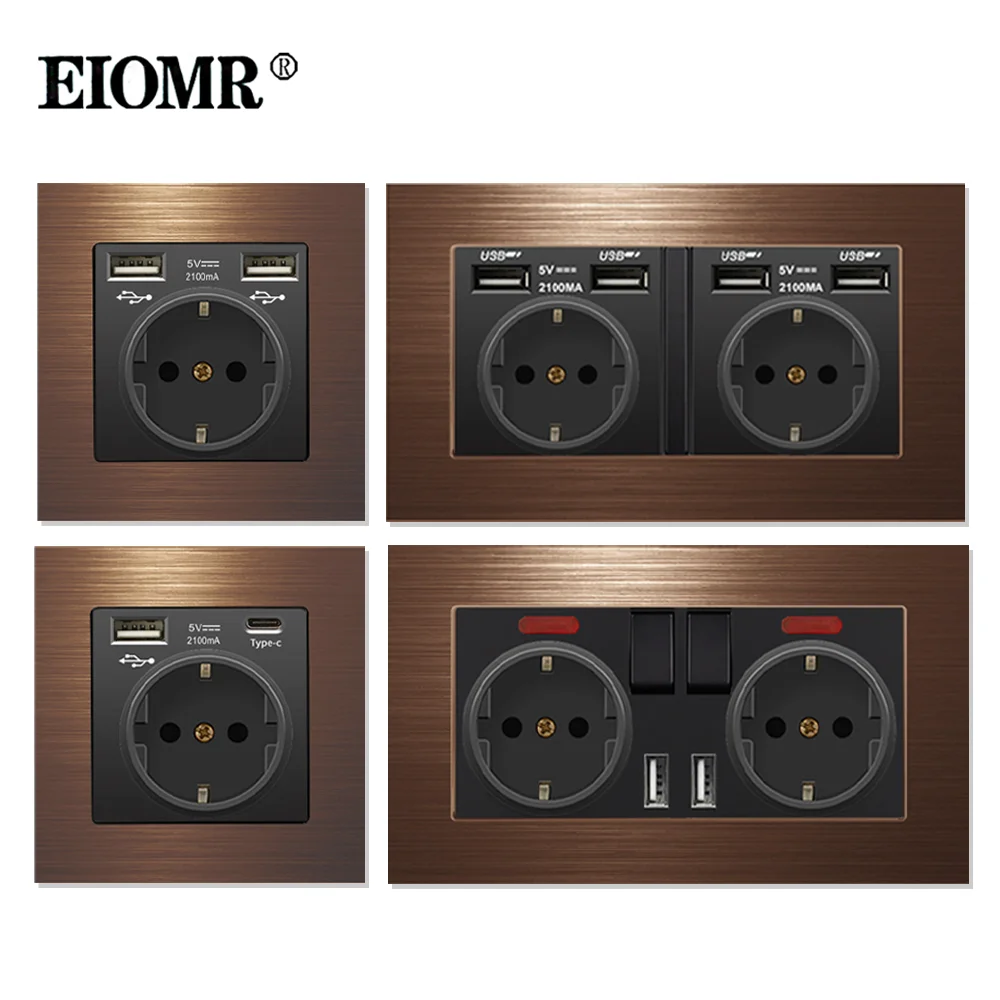 Eiomr 16a ue Interruptor de Luz de Parede e Tomadas Elétricas Série f2 Painel de Liga de Alumínio Vermelho Usb Plugue de Parede tv Computador Soquetes Rj45
