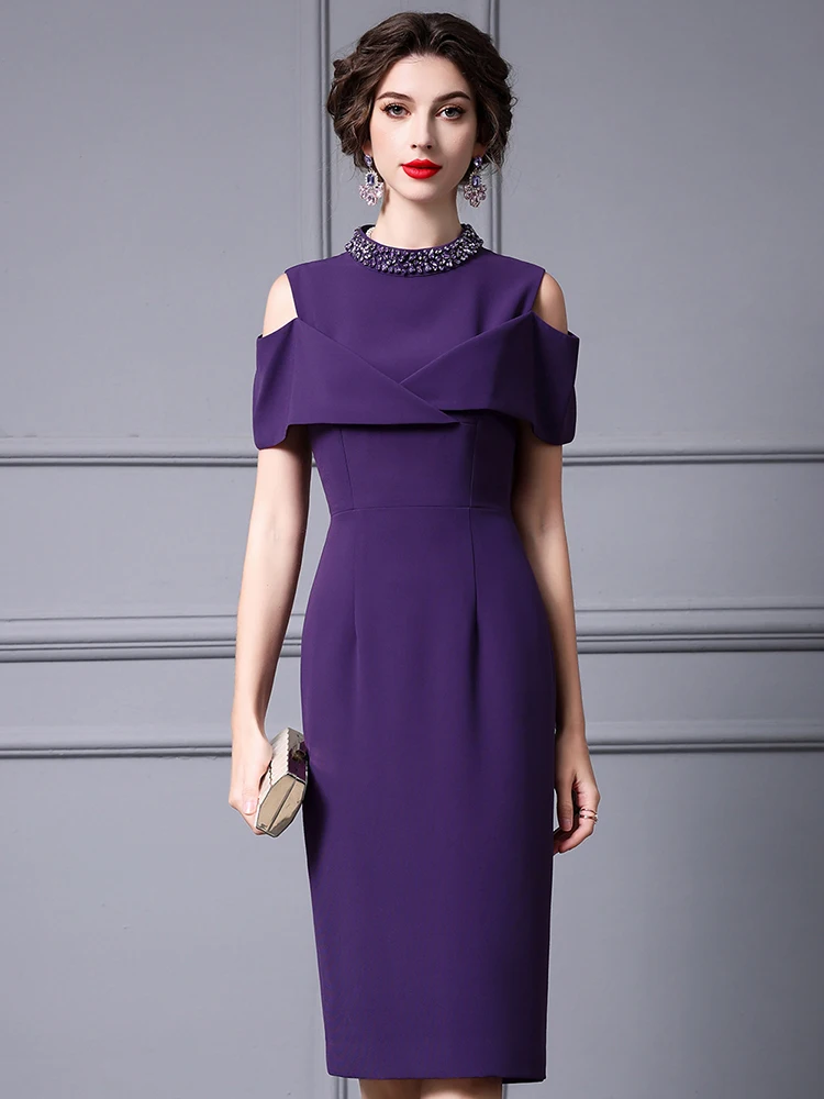 

Gedivoen Summer Fashion High Quality Slim Pencil Beading Midi Empire Fashion Dress for Women