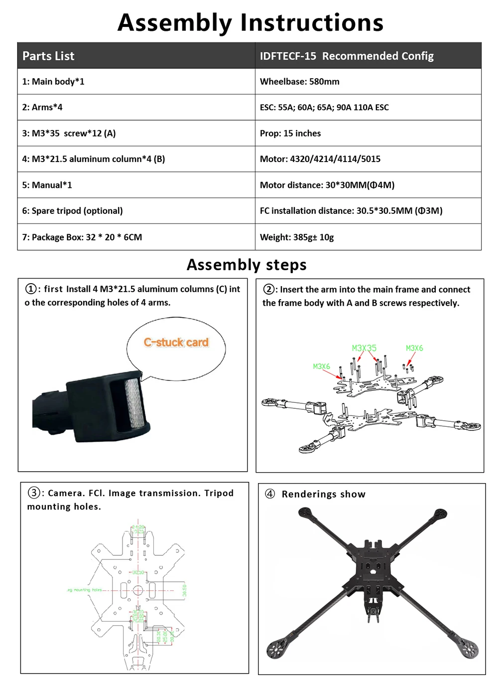 Châssis drone course FPV 15 pouces 580mm fibre carbone 3K cadre quadricoptère freestyle