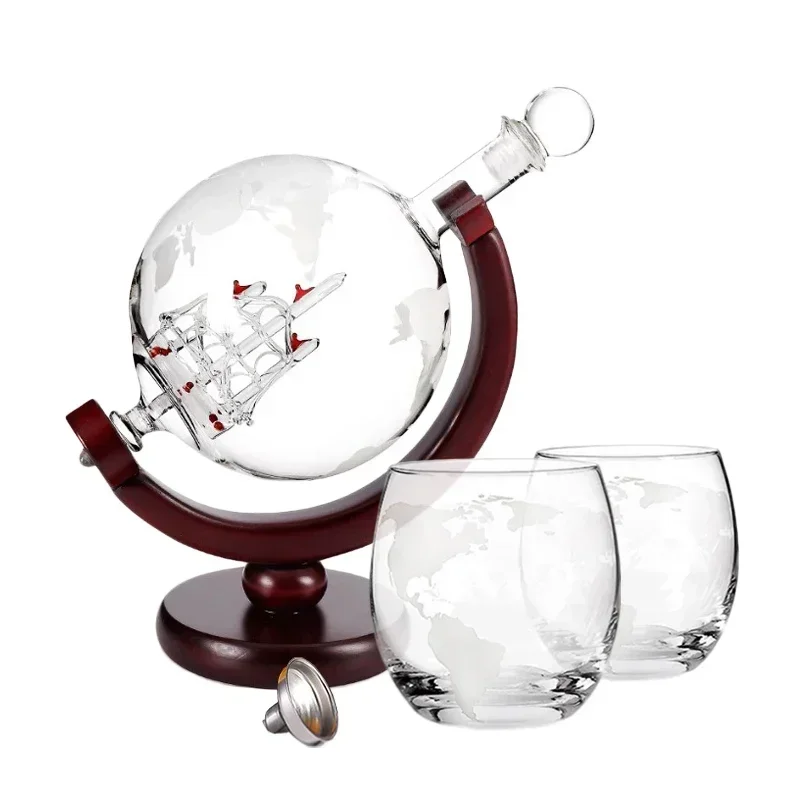 Creative Globe Decanter Set with Lead-free Carafe Exquisite Wood-stand and 2 Whisky Glasses Whiskey Decanter Globe Grade Gift — view 6