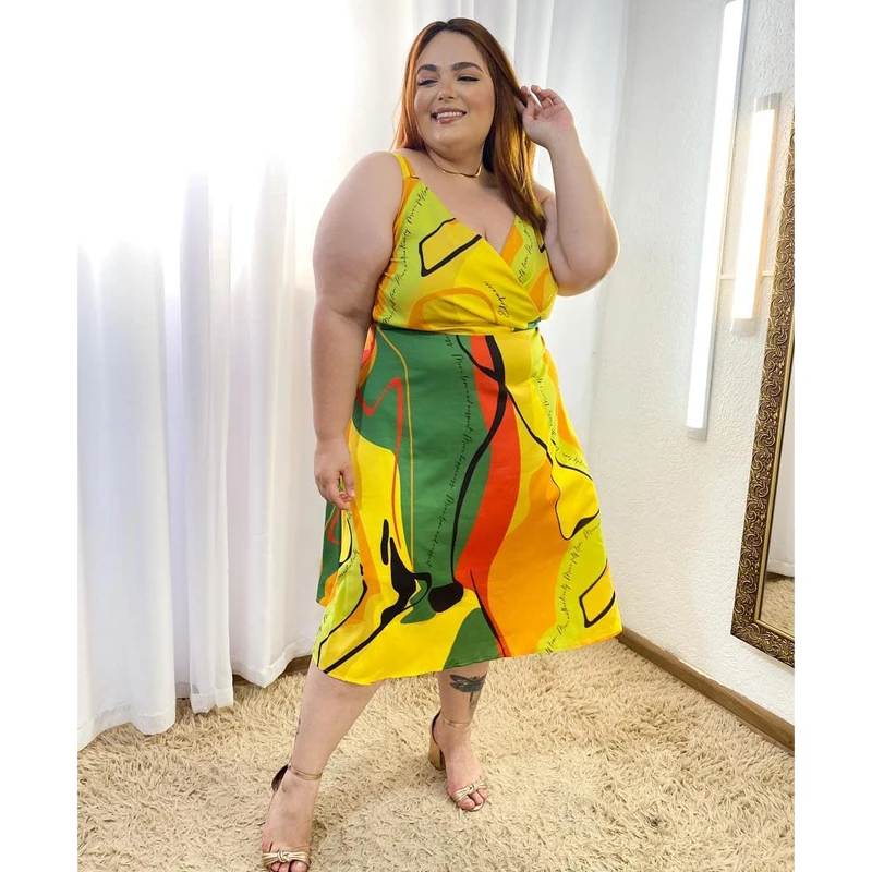 SOMO Fashion Printed Plus Size Women Dreeses V Neck Sexy Back Bandage Sleeveless Summer Party Dress 2023 Wholesale Dropshipping