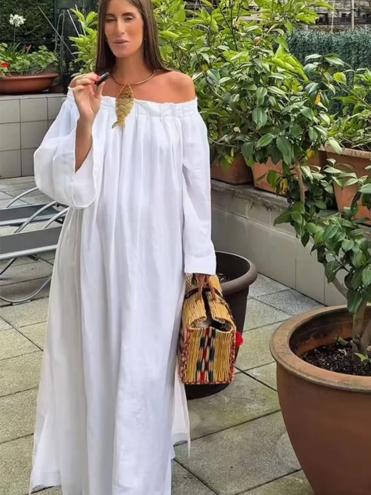 TFMLN Elegant Ladies Slash Neck Loose Party Dress Fashion White Draped Beach Holiday Dress Women Casual Loose Sleeve Dresses