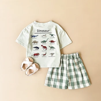 Summer 2Pcs Newborn Baby Boys Clothes Set Girls Suit Casual Dinosaur Printed T-shirt+Checkered Shorts Infant Toddler Outfit 0-3Y