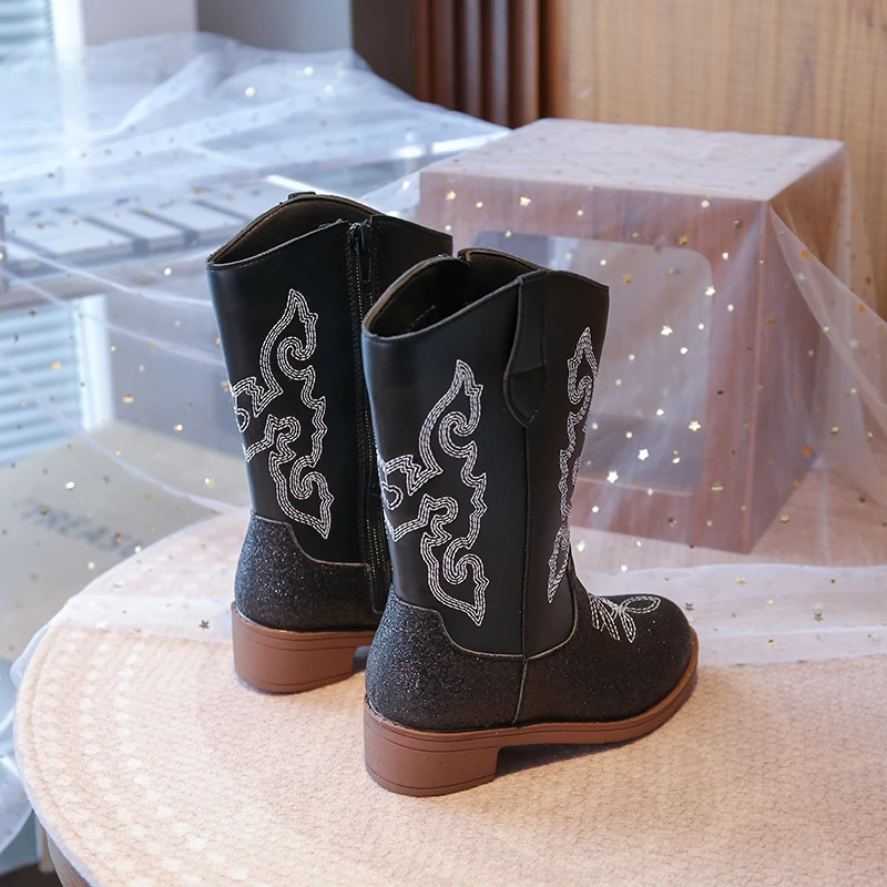 Girls Mid Calf Cowboy Boots Embroidered Floral Pattern