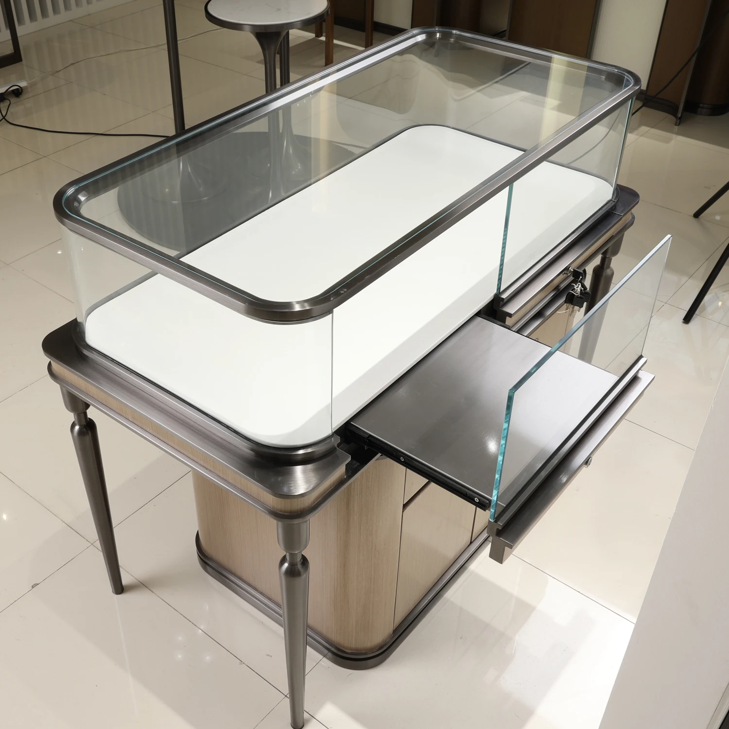 Commercial Acrylic Stainless Steel Wood Glass Kiosk Display Set Case Cabinet Stand Luxury Jewelry Showcases
