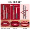 QIBEST Matte Liquid Lipstick&Lip Liner&Lip Gloss 3Pcs Sets Long Lasting Non-stick Cup Red Black Purple Lip Tint Cosmetics Kits 2