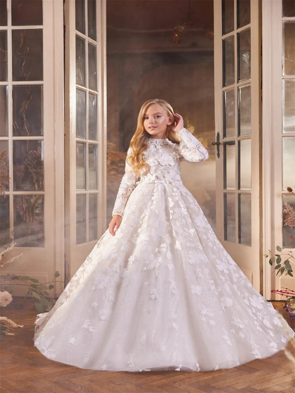 Graceful 3D Flower Long Sleeve Flower Dresses Romantic Floor-length Appliques Dress for Kids Elegant Vestidos De Novia