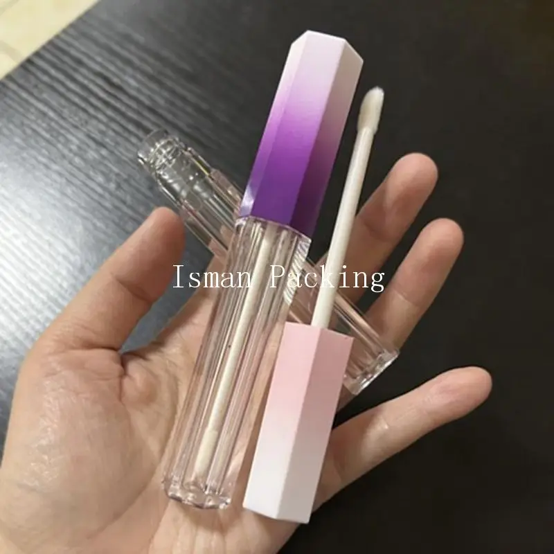 

50pcs unique gradient pink purple hexagon shaped liquid lipstick lip gloss packaging container tubes with wands brush 5ml